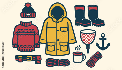 Nautical fishing gear and outdoor apparel illustration