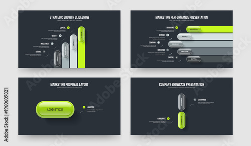 Market Launch Four Five One Two Step Diagram Slide Template Vector Illustration Set. Visual Campaign 4 5 1 2 Element Infographic Frame Layout Bundle.