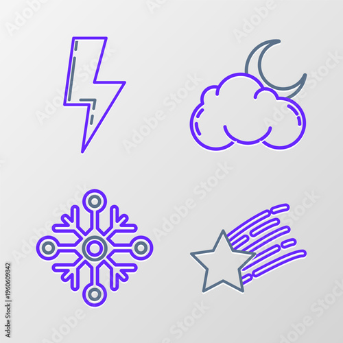 Set line Falling star, Snowflake, Cloud with moon and stars and Lightning bolt icon. Vector