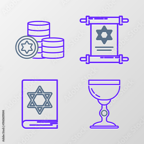 Set line Jewish goblet, torah book, Torah scroll and coin icon. Vector