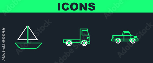 Set line Pickup truck, Yacht sailboat or sailing ship and Delivery cargo vehicle icon. Vector