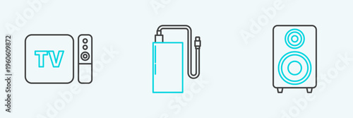 Set line Stereo speaker, TV box receiver and player with remote controller and Power bank different charge cable icon. Vector