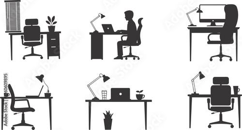 office, workspace, desk, silhouette, computer, laptop, chair, workplace, business, furniture, table, corporate, interior, equipment, work, isolated, black, flat, vector, illustration