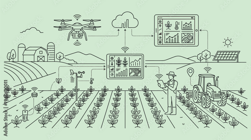 Obraz premium Smart Farming Agriculture Technology Line Vector Illustration