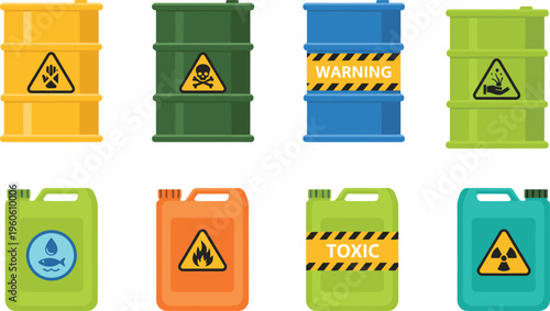 Cartoon hazardous material containers with warning symbols for toxic, flammable, radioactive, and corrosive substances in vector illustration
