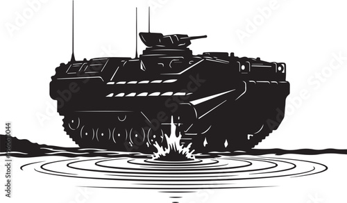 Military tank, black silhouette, vector illustration, combat vehicle, warfare icon