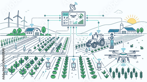 Smart Farming Agriculture Technology Line Vector Illustration