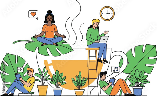 A diverse group of people engaging in various relaxing activities like meditation, reading, and working around a giant teacup, symbolizing a calm and productive environment.