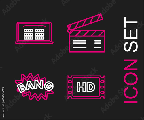 Set line 4k movie, tape, frame, Bang boom text speech bubble balloon, Movie clapper and Buy cinema ticket online icon. Vector