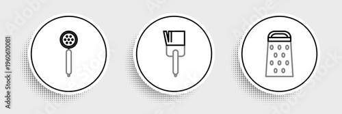 Set line Grater, Strainer spoon and Kitchen brush icon. Vector