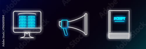Set line Scenario, Buy cinema ticket online and Megaphone icon. Glowing neon. Vector