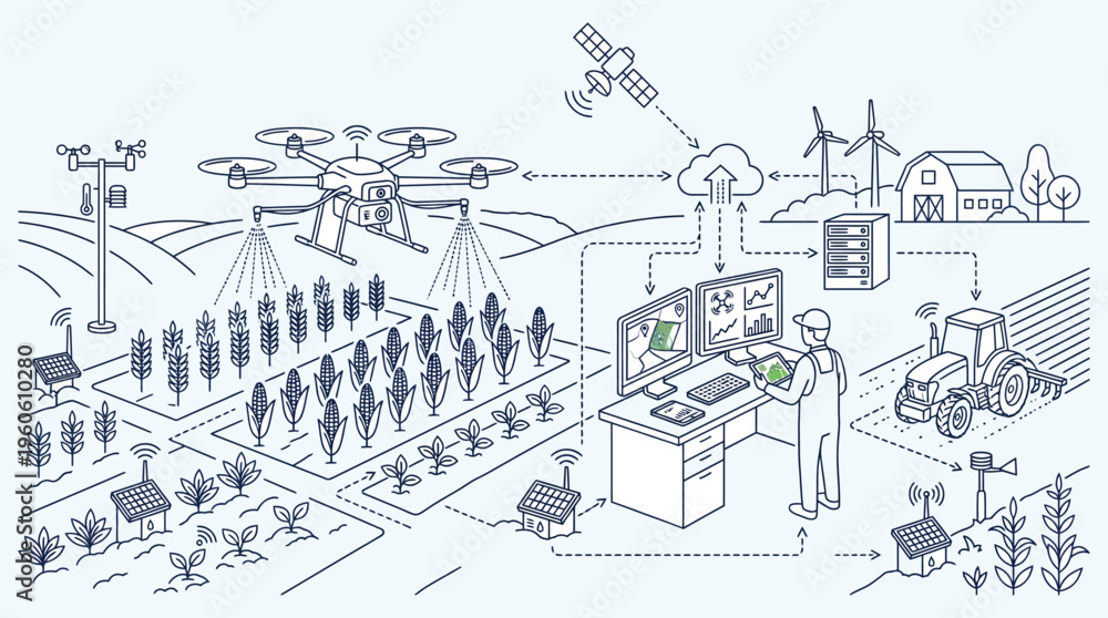 Fototapeta premium Smart Farming Agriculture Technology Line Vector Illustration