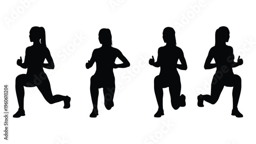 Four silhouettes of women performing lunges in a fitness exercise sequence