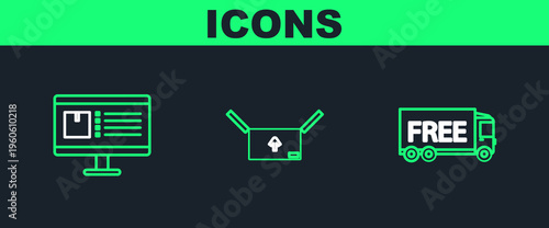 Set line Free delivery service, Computer monitor with app tracking and Cardboard box traffic symbol icon. Vector