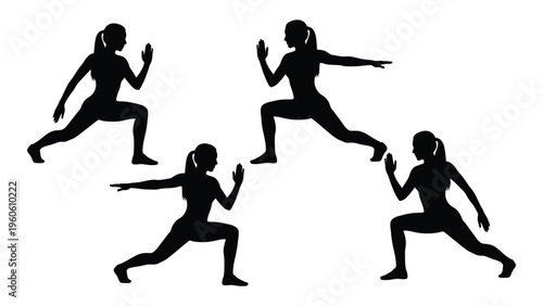 Silhouette illustrations depicting women performing lunges in various stages of the exercise
