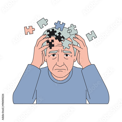 Elderly man with puzzle pieces falling from head, symbolizing memory loss and confusion.