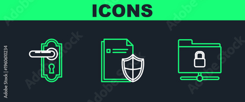 Set line FTP folder and lock, Door handle and Document protection concept icon. Vector