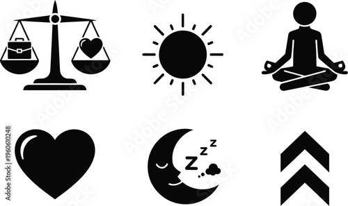 A comprehensive collection of black and white icons representing wellness, work-life balance, meditation, sleep, and personal growth concepts.