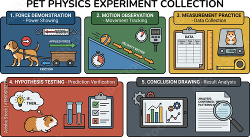 A collection of five labeled panels detail the scientific process of conducting physics experiments using domestic pets for educational demonstration.