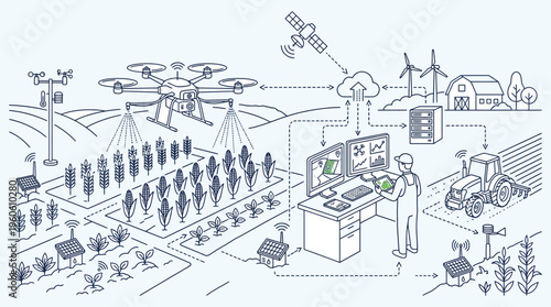 Smart Farming Agriculture Technology Line Vector Illustration