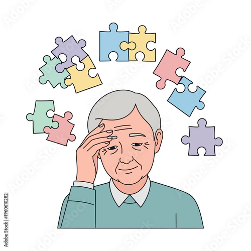Elderly man with scattered puzzle pieces representing memory loss and confusion