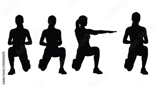 Silhouettes of people performing various squatting exercises against a white background