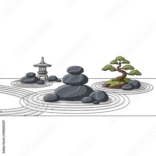 Zen Garden Arrangement: Stacked Stones, Lantern, Bonsai Tree, Raked Sand