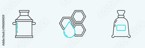 Set line Bag of flour, Can container for milk and Honeycomb icon. Vector