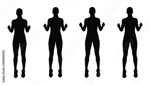 Four identical female silhouettes standing in a row arms outstretched