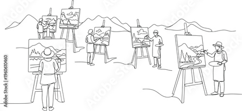 vintage drawing of people working on easels