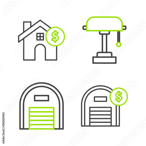 Set line Warehouse with dollar symbol, Table lamp and House icon. Vector