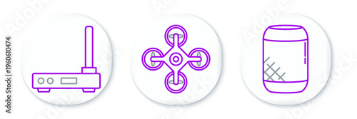 Set line Voice assistant, Router and wi-fi signal and Drone icon. Vector