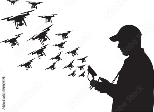 Drone swarm, silhouette of man controlling drones, remote pilot, black icon