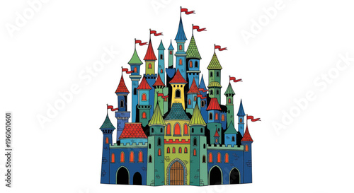 Colorful Fairytale Castle with Red Flags, Fantasy Building Illustration