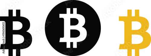 Bitcoin cryptocurrency symbol set, digital currency icon, blockchain finance logo, crypto coin illustration, black white gold vector design collection