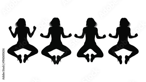 Four silhouetted women in a dynamic squatting pose with arms raised