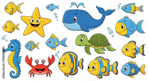 Cute Cartoon Sea Creatures Collection: Whale, Dolphin, Fish, Turtle, Seahorse, Starfish, Crab