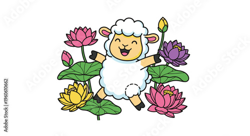 Joyful Lamb Surrounded by Blooming Lotus Flowers Illustration.