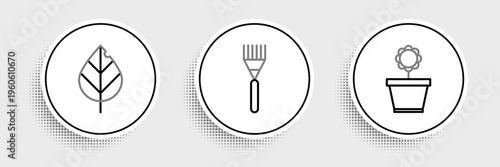 Set line Flower in pot, Leaf and Garden rake icon. Vector