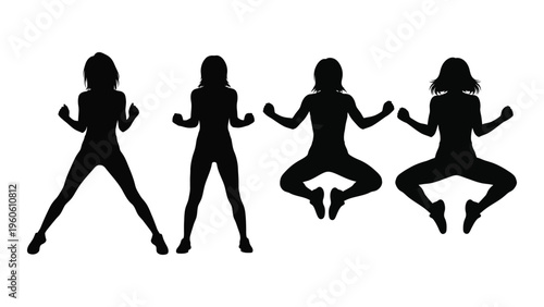 Four silhouettes of women in dynamic jumping poses against a white background