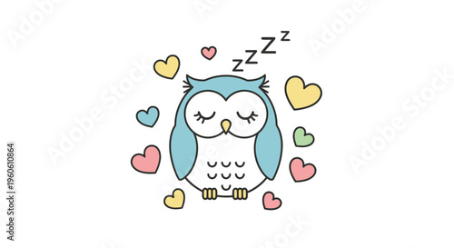 Sleeping Owl Surrounded by Hearts - A Cute and Dreamy Illustration.