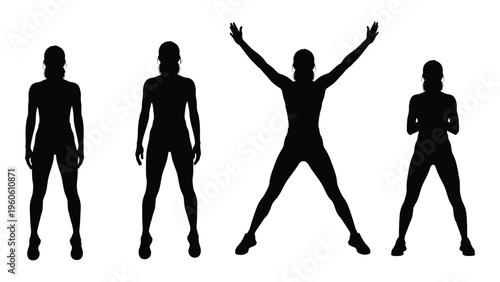Silhouettes of four women in various athletic poses against a white background