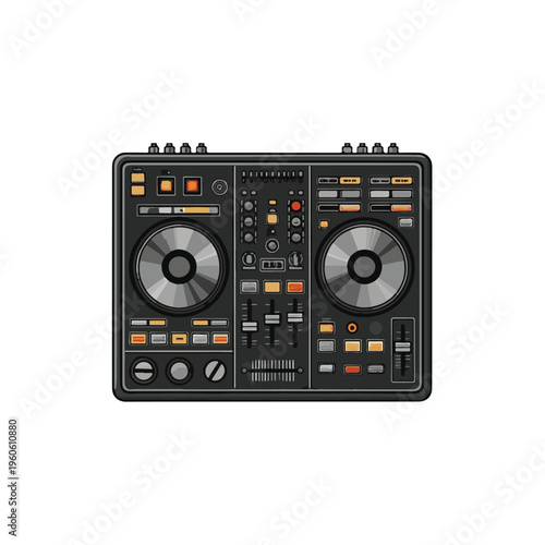 Professional digital DJ controller with platters and faders for music mixing and performance.