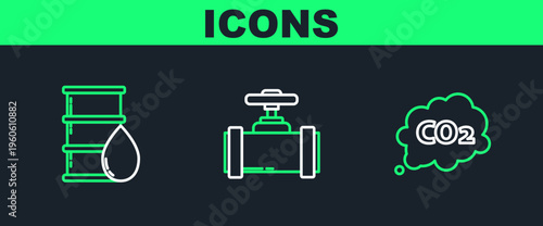 Set line CO2 emissions in cloud, Barrel oil and Industry metallic pipes and valve icon. Vector