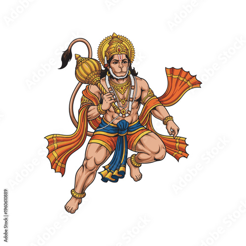 Hindu god Lord Hanuman carrying a mace or Gada in a powerful flying pose.