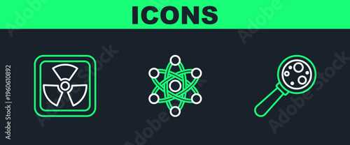 Set line Microorganisms under magnifier, Radioactive and Atom icon. Vector
