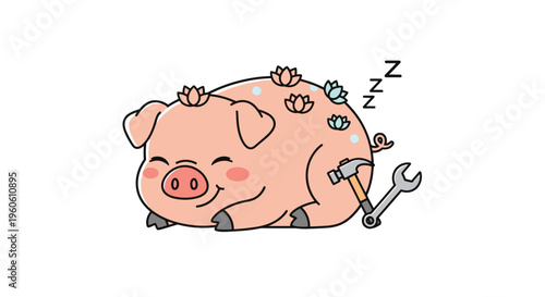 Sleeping Pig with Succulents, Hammer, and Wrench Illustration.