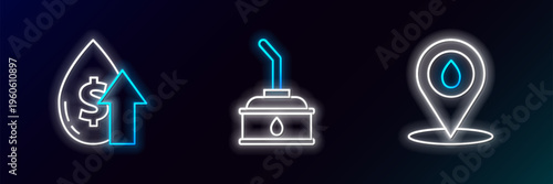 Set line Refill petrol fuel location, Oil price increase and Canister for motor machine oil icon. Glowing neon. Vector