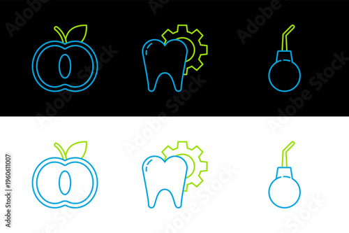 Set line Enema pear, Apple and Tooth treatment procedure icon. Vector