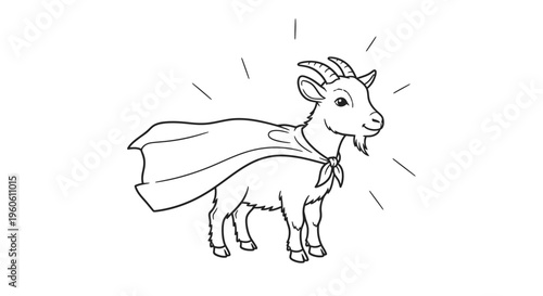 Whimsical Goat Superhero with Cape in Black and White.